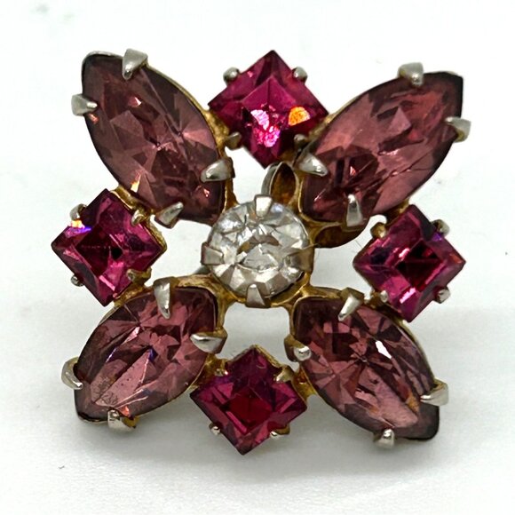 Vintage Floral Starburst Pink & Clear Rhinestone Silver-Tone Screw Back Earrings - Picture 5 of 8